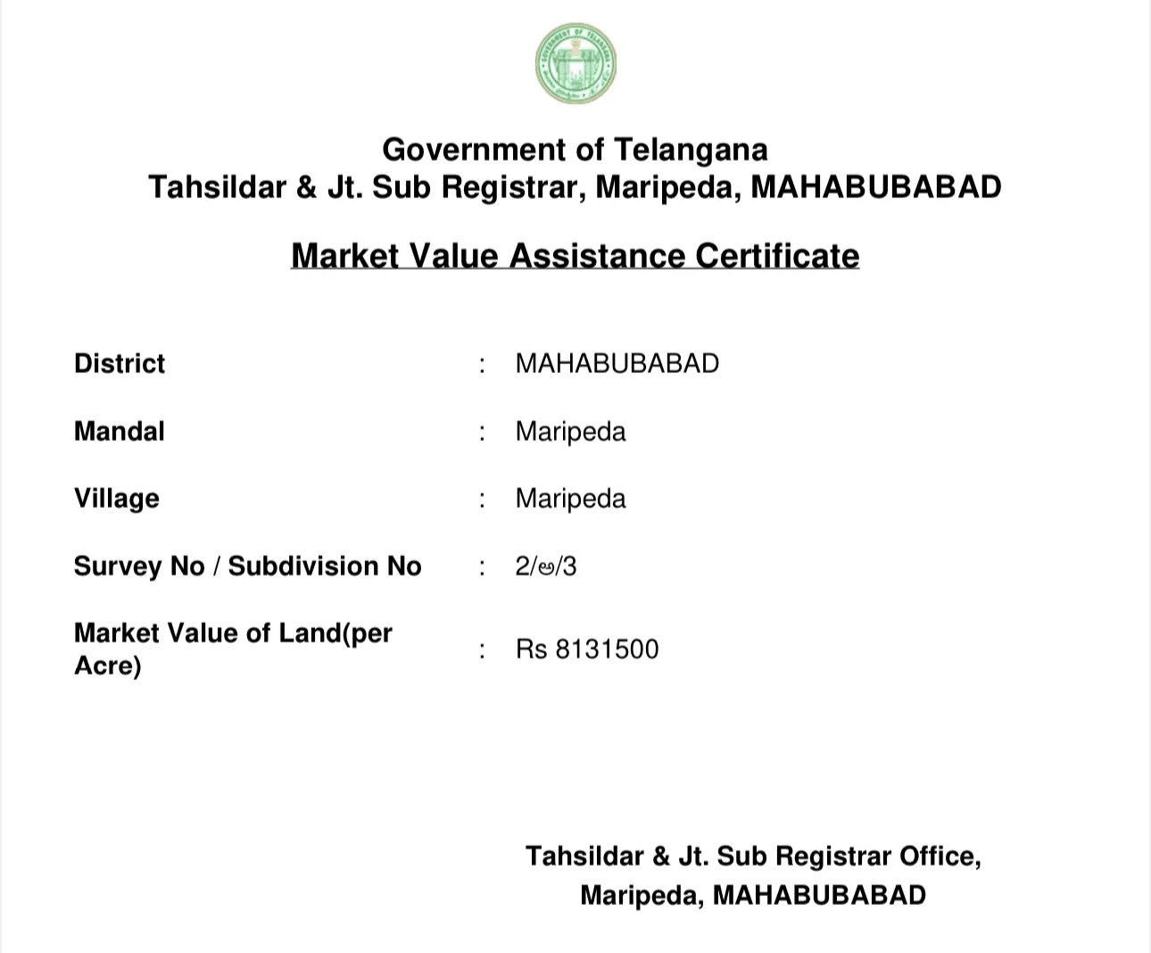 Telangana Land Market Value